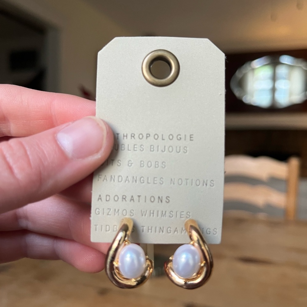 Anthropologie Gold Hoop Earrings with White Pearlescent Center